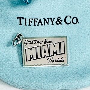 Tiffany & Co Sterling Silver & Blue Enamel Greetings from MIAMI postcard Charm.
